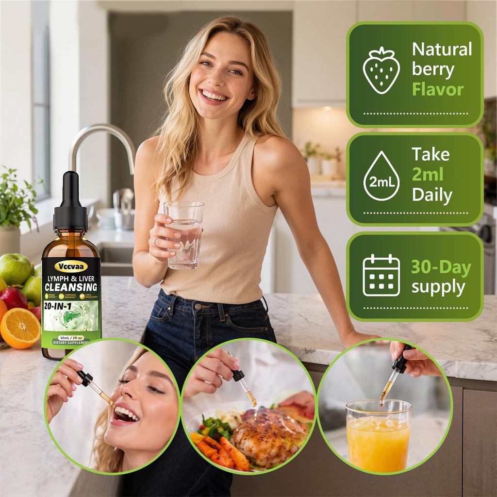 20+ Ingredients Lymph & Liver Cleanse Liquid Drops, Lymphatic Drainage Drops, Natural Herbal Complex with Milk Thistle, Echinacea, Fucoxanthin - Gentle Detox & Immune Support, 2 Fl Oz