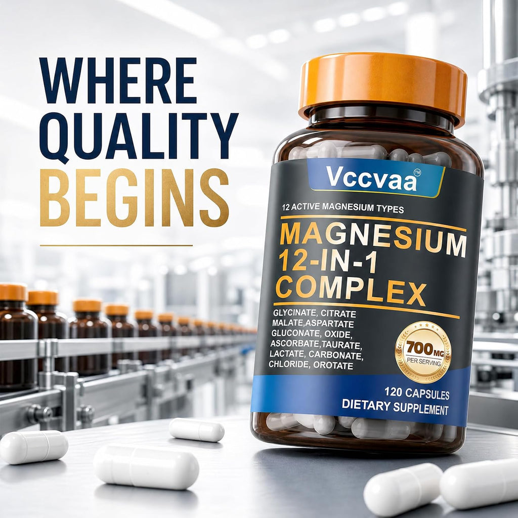 A bottle of Vccvaa Magnesium 12-in-1 Complex dietary supplement capsules, shown in a clean, modern industrial setting with white capsules scattered in the foreground and a blurred background of more bottles.