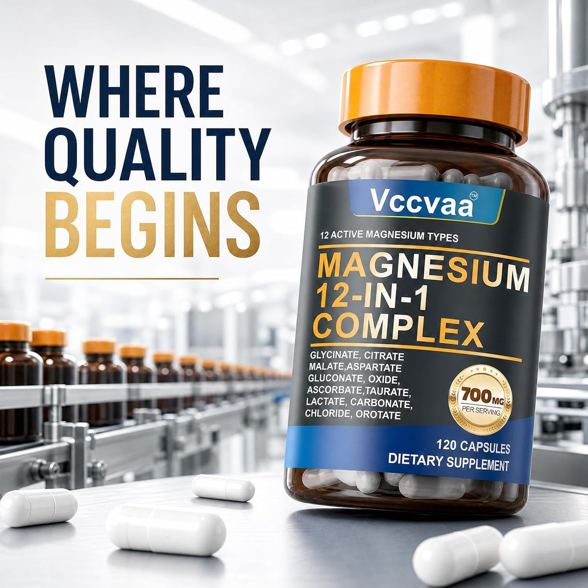 A bottle of Vccvaa Magnesium 12-in-1 Complex dietary supplement capsules, shown in a clean, modern industrial setting with white capsules scattered in the foreground and a blurred background of more bottles.
