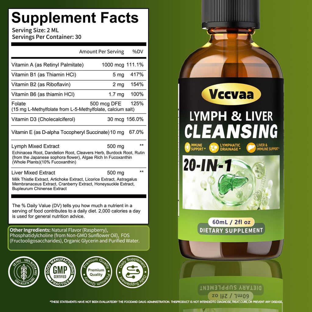 20+ Ingredients Lymph & Liver Cleanse Liquid Drops, Lymphatic Drainage Drops, Natural Herbal Complex with Milk Thistle, Echinacea, Fucoxanthin - Gentle Detox & Immune Support, 2 Fl Oz