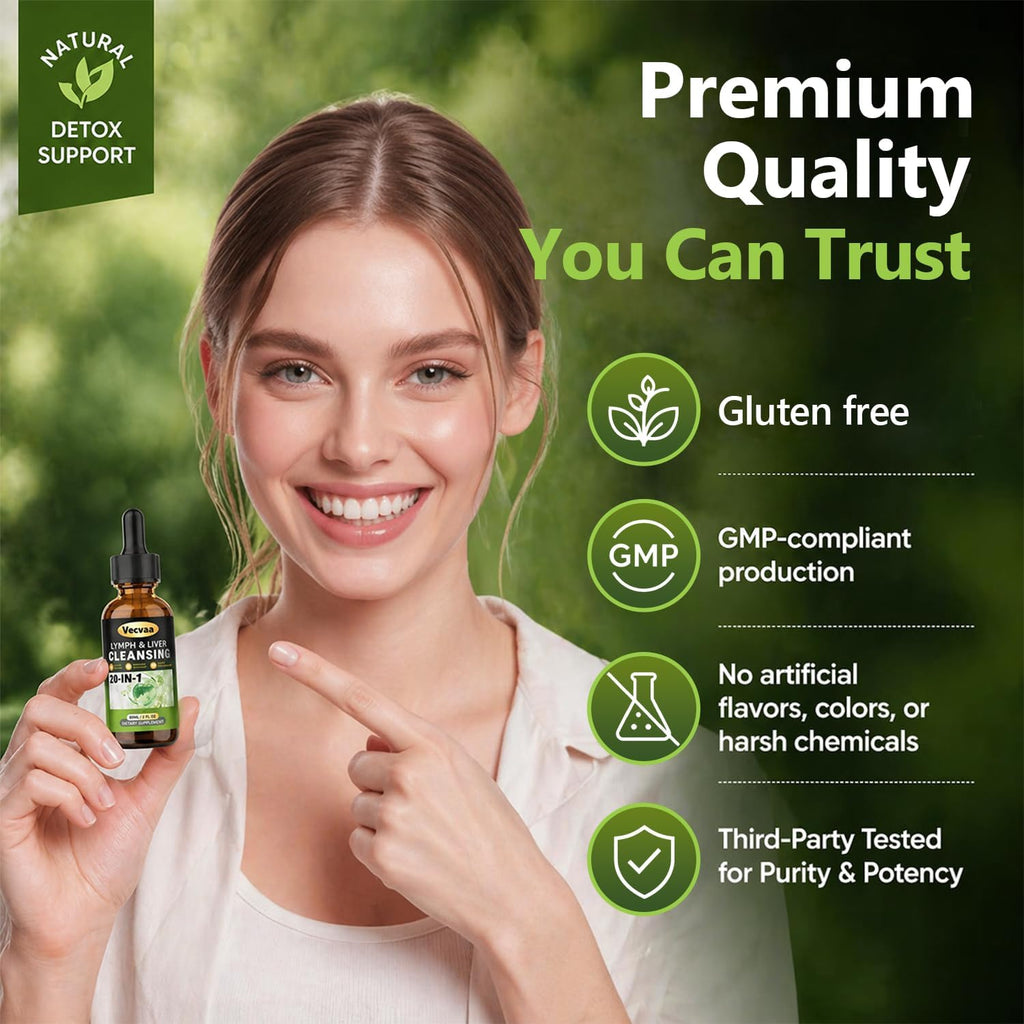 20+ Ingredients Lymph & Liver Cleanse Liquid Drops, Lymphatic Drainage Drops, Natural Herbal Complex with Milk Thistle, Echinacea, Fucoxanthin - Gentle Detox & Immune Support, 2 Fl Oz