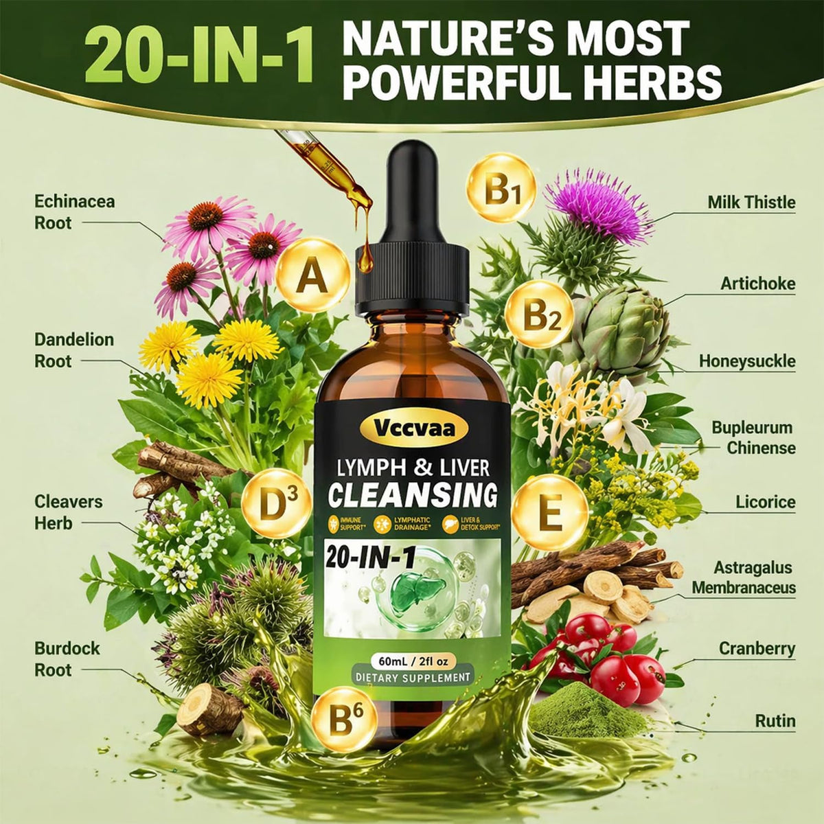 20+ Ingredients Lymph & Liver Cleanse Liquid Drops, Lymphatic Drainage Drops, Natural Herbal Complex with Milk Thistle, Echinacea, Fucoxanthin - Gentle Detox & Immune Support, 2 Fl Oz