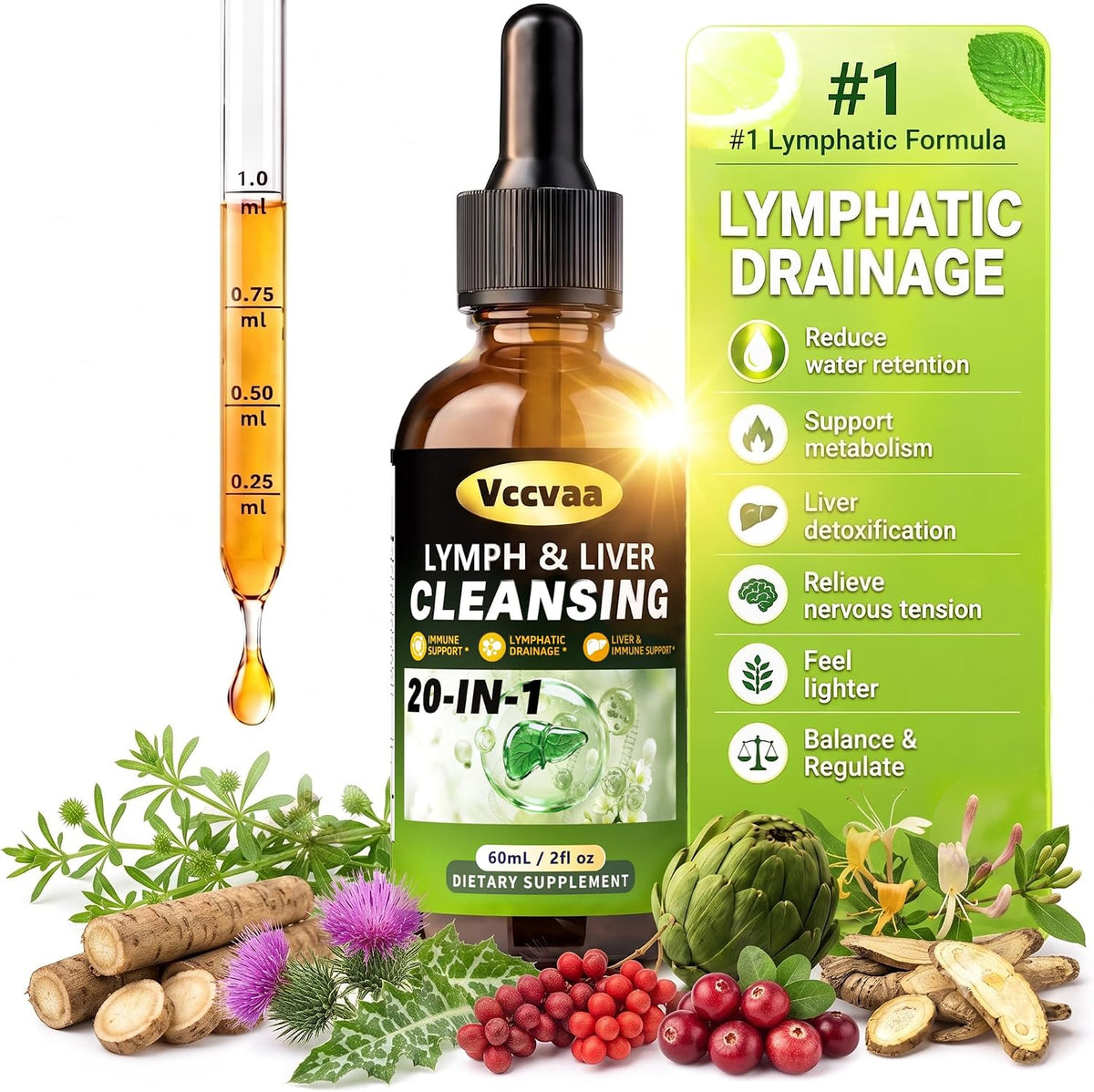 20+ Ingredients Lymph & Liver Cleanse Liquid Drops, Lymphatic Drainage Drops, Natural Herbal Complex with Milk Thistle, Echinacea, Fucoxanthin - Gentle Detox & Immune Support, 2 Fl Oz